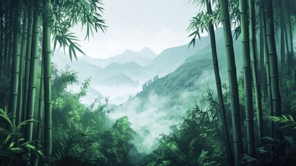 Aufkleber - A serene bamboo forest shrouded in mist, with lush green vegetation and an atmosphere of peace and tranquility in the mountains