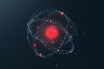 Aufkleber - A futuristic atom-like model with a vivid red core and transparent orbits, glowing against a dark,