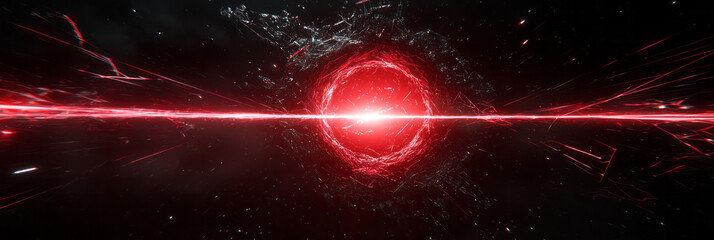 Poster - A futuristic molecular design featuring a vibrant red center, beams of light arcing through