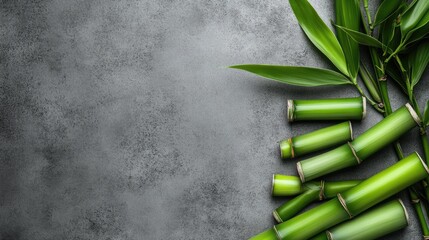 Aufkleber - A serene composition of lush green bamboo stems with crisp leaves, laid on a smooth gray background, ideal for a modern nature theme