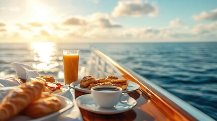 Poster - A serene cruise ship balcony breakfast with coffee, fresh juice, pastries, and panoramic views of the sparkling ocean