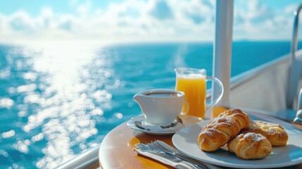 Poster - A serene cruise ship balcony breakfast with coffee, fresh juice, pastries, and panoramic views of the sparkling ocean