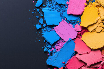 Aufkleber - A vivid close-up composition of crushed makeup powders in bright blue, fiery red, soft pink, and