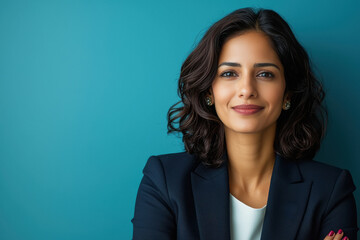 Wall Mural - Indian Businesswoman in suit thinking about something with a question mark icon on a blue background.