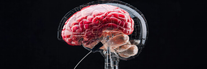 Aufkleber - A hyper-detailed robot-human hybrid featuring a ruby-hued brain visible under a translucent casing,