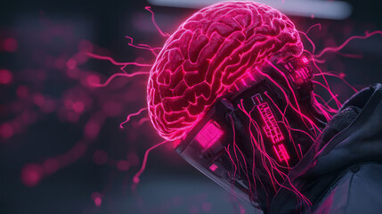 Aufkleber - A near-future cyborg design displaying an exposed, illuminated red brain, seamlessly integrating a