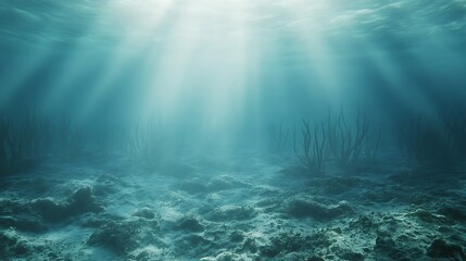 Aufkleber - Underwater scene with soft light beams illuminating a serene ocean floor.