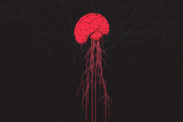 Aufkleber - A cyberpunk portrait featuring an engineered human with an anatomically detailed red brain,