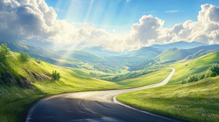 Poster - A serene mountain highway under a bright, open sky, with beams of sunlight touching the vibrant green hills, creating a peaceful countryside scene