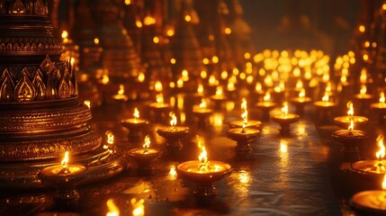 Poster - A serene temple scene featuring rows of glowing diya lamps, intricately designed, casting a warm golden glow across the surroundings