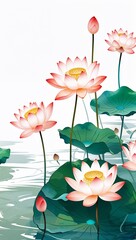 Wall Mural - Floating Lotus Flowers in Tranquil Meditative Strokes on plain white background