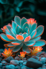 Poster - A richly colored cactus combining teal tones and bright gold spines, planted in a miniature rock