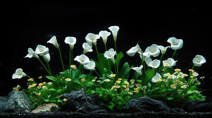 Aufkleber - A simple yet elegant display of white calla lilies against a black background, ideal for creating a calming atmosphere