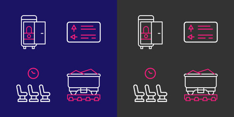 Poster - set line coal train wagon, waiting room, road traffic signpost and toilet the car icon. vector
