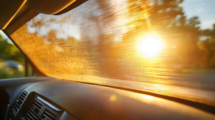 Poster - A warm sunrise shines through a car's windshield, creating a beautiful play of light and texture on the glass