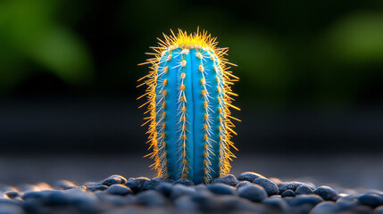 Poster - A low-angle view emphasizing a turquoise cactusâ€™ tall, columnar form with radiant gold spines,