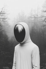 Poster - A minimal sci-fi suit enveloping an astronaut whose mirrored face shield captures a peaceful