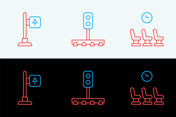 Poster - set line waiting room, road traffic signpost and train light icon. vector