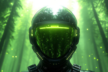 Poster - A compelling silhouette of a next-level spacesuit, visor shining back the tranquil sight of