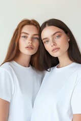 Wall Mural - Two women with long hair and brown eyes are standing next to each other in white shirts. Concept of unity and friendship between the two women