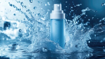 Aufkleber - A sleek cream bottle mockup in a vibrant water splash, with droplets flying around, emphasizing a refreshing and energizing effect