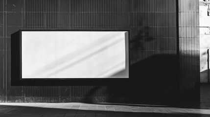 Poster - Minimalist white billboard on a shiny black tiled surface, with sunlight creating delicate shadow details
