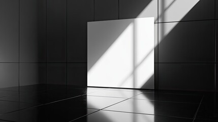 Poster - Minimalist white billboard on a shiny black tiled surface, with sunlight creating delicate shadow details