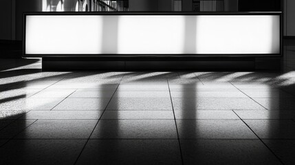 Poster - Minimalist white billboard on a shiny black tiled surface, with sunlight creating delicate shadow details