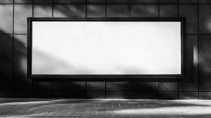 Poster - Minimalist white billboard on a shiny black tiled surface, with sunlight creating delicate shadow details