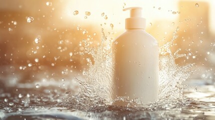Aufkleber - A sleek cream bottle splashed by vibrant water droplets, surrounded by flying water drops, creating a dynamic and refreshing image