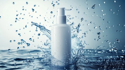 Aufkleber - A sleek cream bottle splashed by vibrant water droplets, surrounded by flying water drops, creating a dynamic and refreshing image
