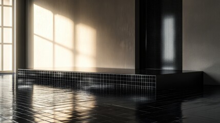 Poster - Modern billboard mockup, set against a reflective black tiled wall, with sunlight adding soft shadow effects