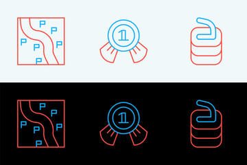 Poster - set line stone for curling, route location and medal icon. vector