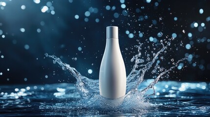 Aufkleber - A sleek cream bottle with a vibrant water splash around it, droplets flying in all directions, capturing a refreshing and energizing vibe