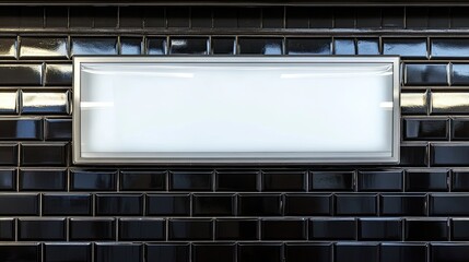 Poster - Sleek white billboard against a shiny black tiled wall, illuminated by soft sunlight creating subtle shadows