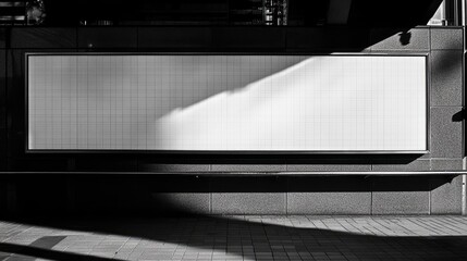 Poster - Sleek white billboard against a shiny black tiled wall, illuminated by soft sunlight creating subtle shadows