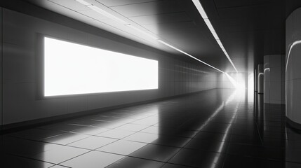 Poster - Sleek white billboard against a shiny black tiled wall, illuminated by soft sunlight creating subtle shadows