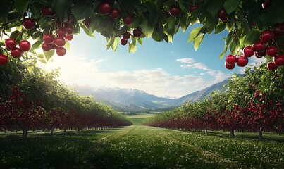 Poster - Vibrant orchard scene with red fruits, lush greenery, and distant mountains under a bright sky.