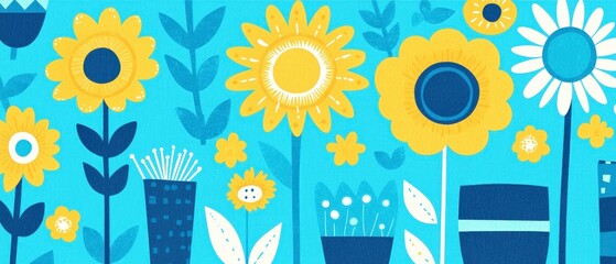 Wall Mural - Vibrant Yellow and Blue Flower Illustration