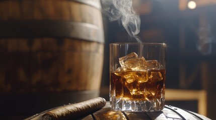 Poster - A smoky whiskey glass with ice cubes and a cigar resting in front of a rustic wooden barrel, evoking an old-fashioned, relaxed ambiance