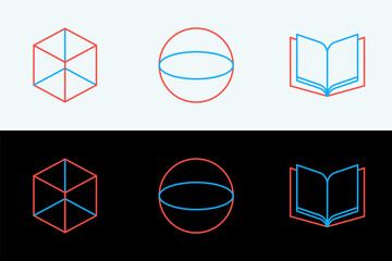 Poster - Set line Open book, Geometric figure Cube and Sphere icon. Vector