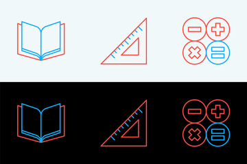 Poster - set line calculator, open book and triangular ruler icon. vector