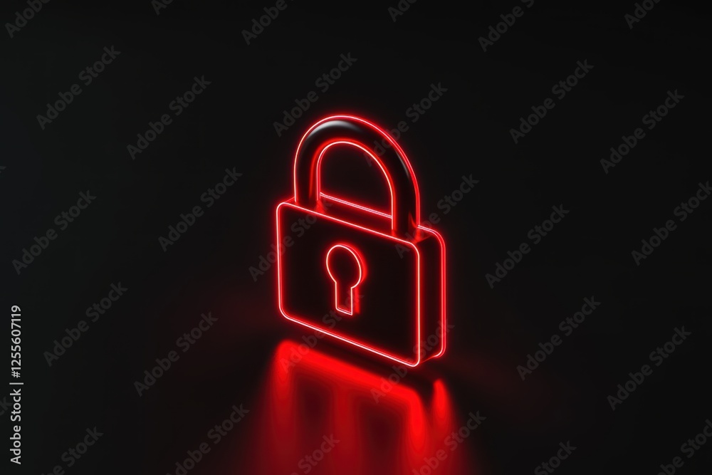 Neon Red Lock Icon on Dark Background Representing Security Concepts