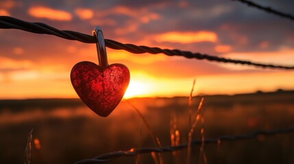 Poster - A sunset-lit scene with a heart lock hanging on a wire fence, the glowing sky reflecting the symbolism of love and connection