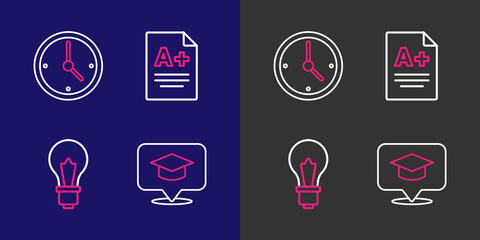 Poster - Set line Graduation cap in speech bubble, Light bulb with idea, Exam sheet A plus grade and Clock icon. Vector