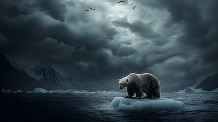 polar bear standing on an iceberg surrounded by ocean water illustrating climate change effects