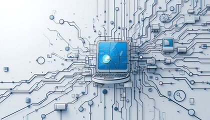 Fototapete - Abstract Digital Circuit Board Background Technology Network Design Modern Cracked Laptop Screen Futuristic Innovation Data Internet Connection White 