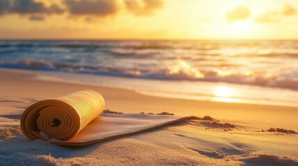 Poster - A tranquil beach scene with a yoga mat on the sand, ocean waves in the distance, and golden light enveloping the scene, perfect for mindful movement
