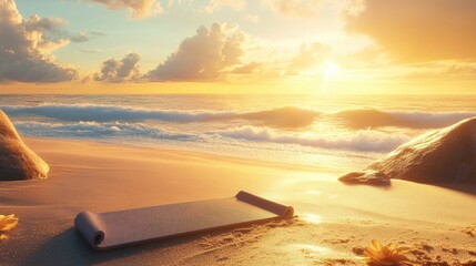 Aufkleber - A tranquil beach scene with a yoga mat on the sand, ocean waves in the distance, and golden light enveloping the scene, perfect for mindful movement