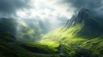 Poster - A tranquil mountain highway winding through lush green hills, with sunlight breaking through the clouds and highlighting the peaceful landscape